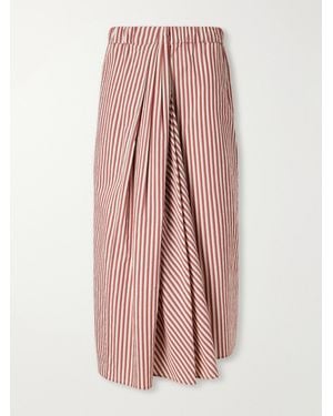 Brunello Cucinelli Asymmetric Pleated Striped Cotton-Blend Seersucker Midi Skirt - Pink