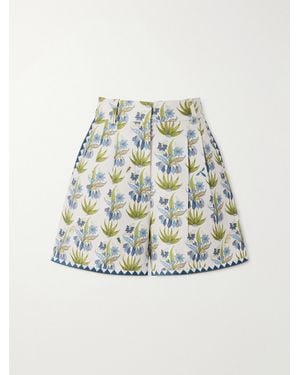 Emporio Sirenuse Beatrice Celestine Pleated Floral-Print Linen And Cotton-Blend Shorts - Blue