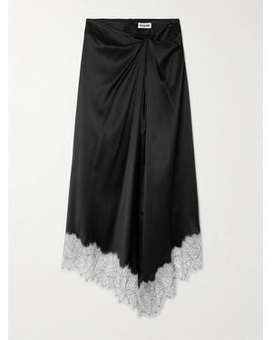 STAUD Sonoma Asymmetric Gathered Lace-Trimmed Silk-Blend Satin Midi Skirt - Black