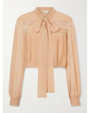 Saint Laurent Cropped Pussy-Bow Lace-Trimmed Silk-Georgette Blouse - Natural