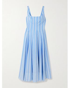 STAUD Wells Panelled Striped Cotton-Blend Poplin Midi Dress - Blue