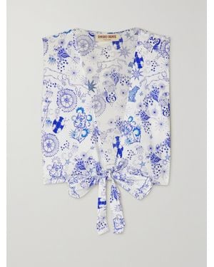 Emporio Sirenuse Sonia Cropped Bow-Detailed Printed Cotton-Poplin Top - Blue