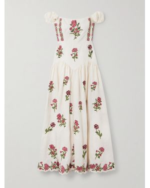 Agua Bendita Siembra Off-The-Shoulder Appliquéd Embroidered Printed Linen Maxi Dress - Natural