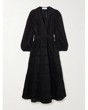 Waimari Net Sustain Aurora Lace-Trimmed Embroidered Cotton-Blend Wrap Dress - Black