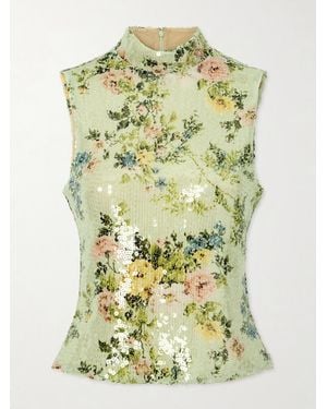 Brandon Maxwell Piper Sequined Floral-Print Mesh Turtleneck Top - Green