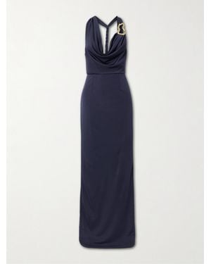 Rebecca Vallance Ayesha Draped Embellished Stretch Satin-Jersey Halterneck Gown - Blue