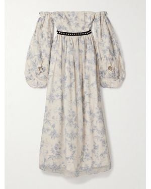 Agua Bendita Alhelí Bougainvillea Off-The-Shoulder Embellished Tulle Midi Dress - Natural