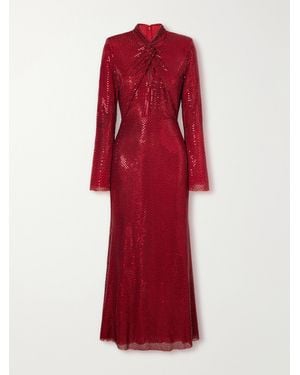 Self-Portrait Twisted Sequined Mesh Midi Dress - Red