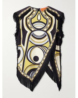 La DoubleJ Fringed Asymmetric Printed Silk-Twill Top - Black