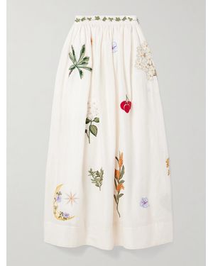 Agua Bendita Tangelo Appliquéd Embroidered Linen Maxi Skirt - Natural
