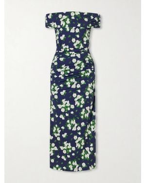 Carolina Herrera Floral-Print Gathered Satin Midi Dress - Blue