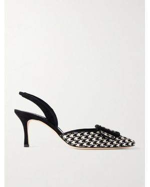 Manolo Blahnik Mayslibi 70 Suede-Trimmed Houndstooth Slingback Pumps - Black