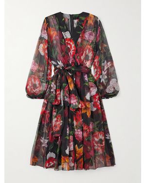 Dolce & Gabbana Midikleid Aus Seidenchiffon Mit Blumenprint, Raffungen Und Bindegürtel - Rot