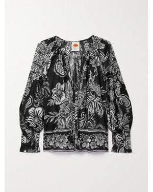 FARM Rio Tie-Detailed Bead-Embellished Printed Cotton-Voile Blouse - Black