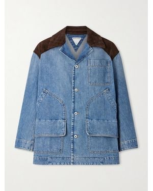 Bottega Veneta Intrecciato Leather-Trimmed Denim Jacket - Blue
