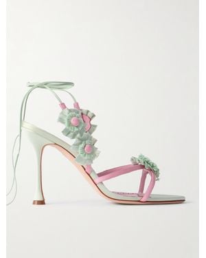 Manolo Blahnik Palissot 105 Leather-Trimmed Appliquéd Grosgrain And Satin Sandals - Metallic