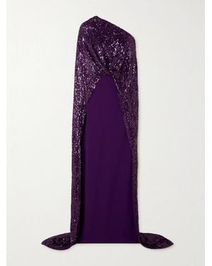 Safiyaa Cadenza Cape-Effect Sequined Georgette And Stretch-Crepe Gown - Purple