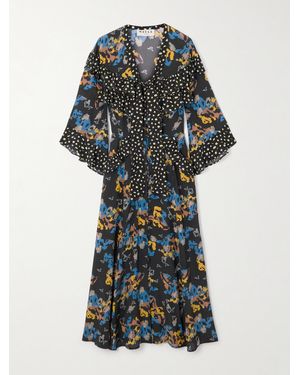 Maison Mayle Majorelle Tie-Neck Ruffled Printed Silk-Voile Midi Dress - Multicolor