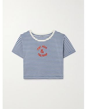 Bode Frog And Pony Cropped Flocked Striped Cotton-Blend T-Shirt - Blue