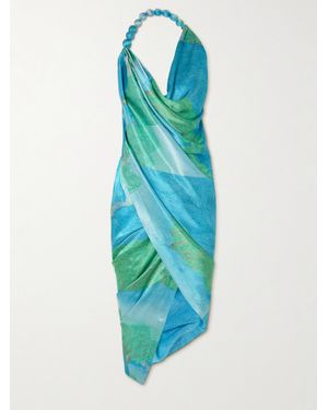 Cult Gaia Iluka Draped Printed Silk Halterneck Midi Dress - Blue