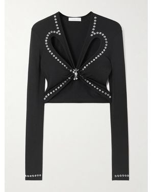 Rabanne Cropped Embellished Gathered Jersey Top - Black