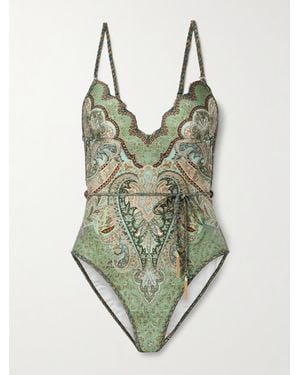 Zimmermann Wanderlust Belted Embellished Scalloped Printed Swimsuit - Green