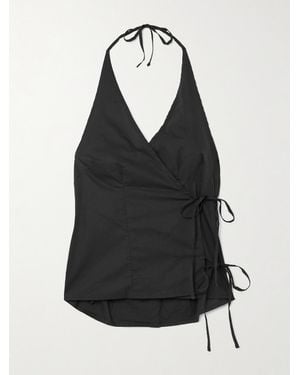 Deiji Studios Wrap-Effect Organic Cotton-Poplin Halterneck Top - Black