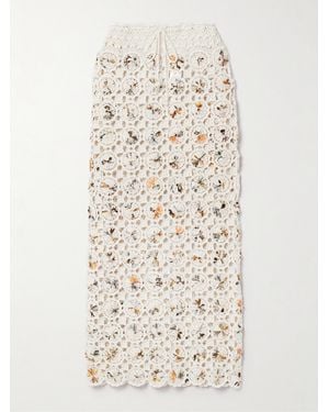Agua Bendita Net Sustain Arroyo Caracola Embellished Printed Crepe And Crocheted Cotton Midi Skirt - Natural