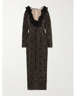 Alessandra Rich Bow-Embellished Ruffled Silk Organza-Trimmed Lace Midi Dress - Black