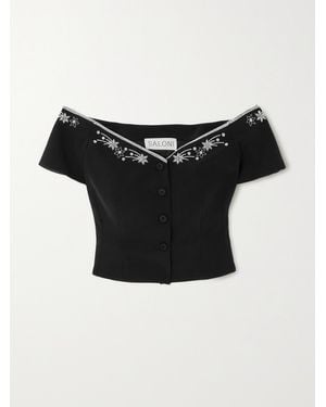 Saloni Clementine-B Off-The-Shoulder Embellished Crepe Top - Black
