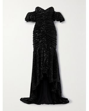Nervi Crown Off-The-Shoulder Asymmetric Ruched Sequined Tulle Gown - Black