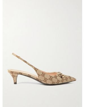 Gucci Erin Horsebit-Embellished Canvas-Jacquard Slingback Pumps - Natural