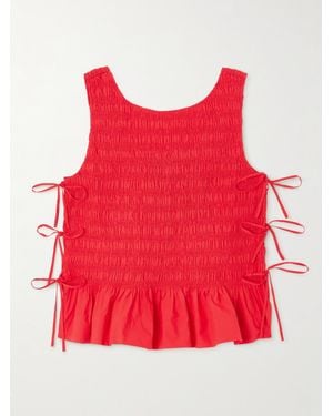 Ganni Tie-Detailed Ruffled Shirred Organic Cotton-Poplin Tank