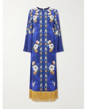 Borgo De Nor Maxikleid Aus Glänzendem Crêpe Mit Blumenprint Und Fransen - Blau