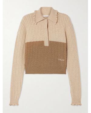 Chloé Zopfstrickpullover Aus Wolle Mit Polokragen Und Rüschen - Natur