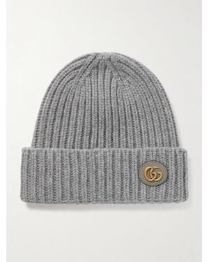 Gucci Victor Appliquéd Ribbed Wool And Cashmere-Blend Beanie - Grey