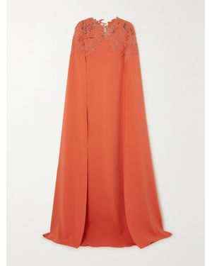 Oscar de la Renta Cape-Effect Appliquéd Tulle And Stretch-Silk Gown - Red