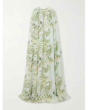 BERNADETTE Minnie Cape-Effect Embellished Floral-Print Crepe De Chine Gown - Green