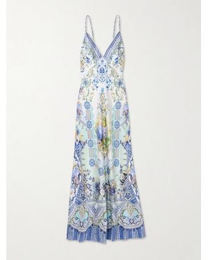 CAMILLA Maxikleid Aus Seidensatin Mit Blumenprint Und Kristallen - Blau