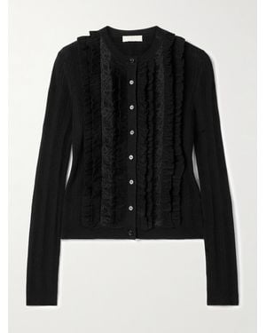 Ulla Johnson Maryel Lace-Trimmed Ruffled Ribbed Merino Wool Cardigan - Black