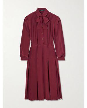 Gucci Pintucked Bow-Detailed Silk Crepe De Chine Midi Shirt Dress - Red