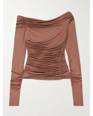 Helmut Lang One-Shoulder Ruched Stretch-Satin Jersey Top - Brown