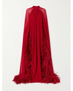 ‎Taller Marmo Eterea Robe Aus Chiffon Mit Cape-Effekt Und Federn - Rot