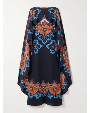 La DoubleJ Magic Maxikleid Aus Bedrucktem Seiden-Crêpe Mit Cape-Effekt - Blau