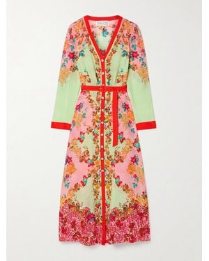Saloni Lea Belted Floral-Print Silk Crepe De Chine Maxi Dress - White