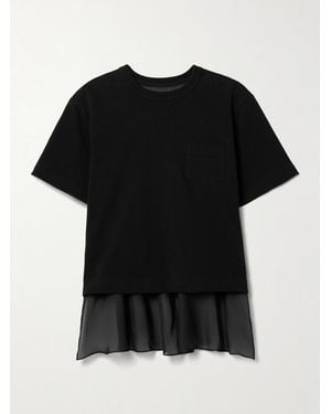 Sacai T-Shirt Aus Baumwoll-Jersey Und Satin Mit Besatz Aus Chiffon - Schwarz