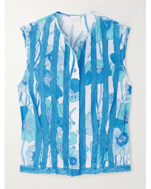 Loretta Caponi Lace-Trimmed Floral-Print Cotton-Voile Top - Blue