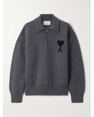 Ami Paris Oversized-Pullover Aus Wolle Mit Polokragen Und Intarsienmotiv - Grau