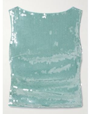 STAUD Eton Cropped Ruched Sequined Tulle Top - Green