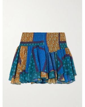 Donde Esteban Estrellitas Tiered Smocked Printed Chiffon Mini Skirt - Blue